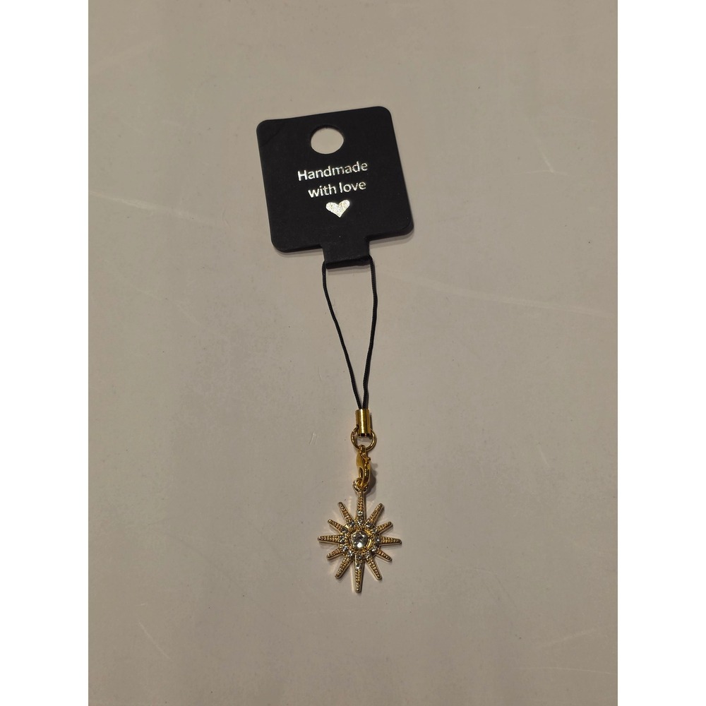 Gold Starburst Rhinestone Phone Charm Keychain Handmade